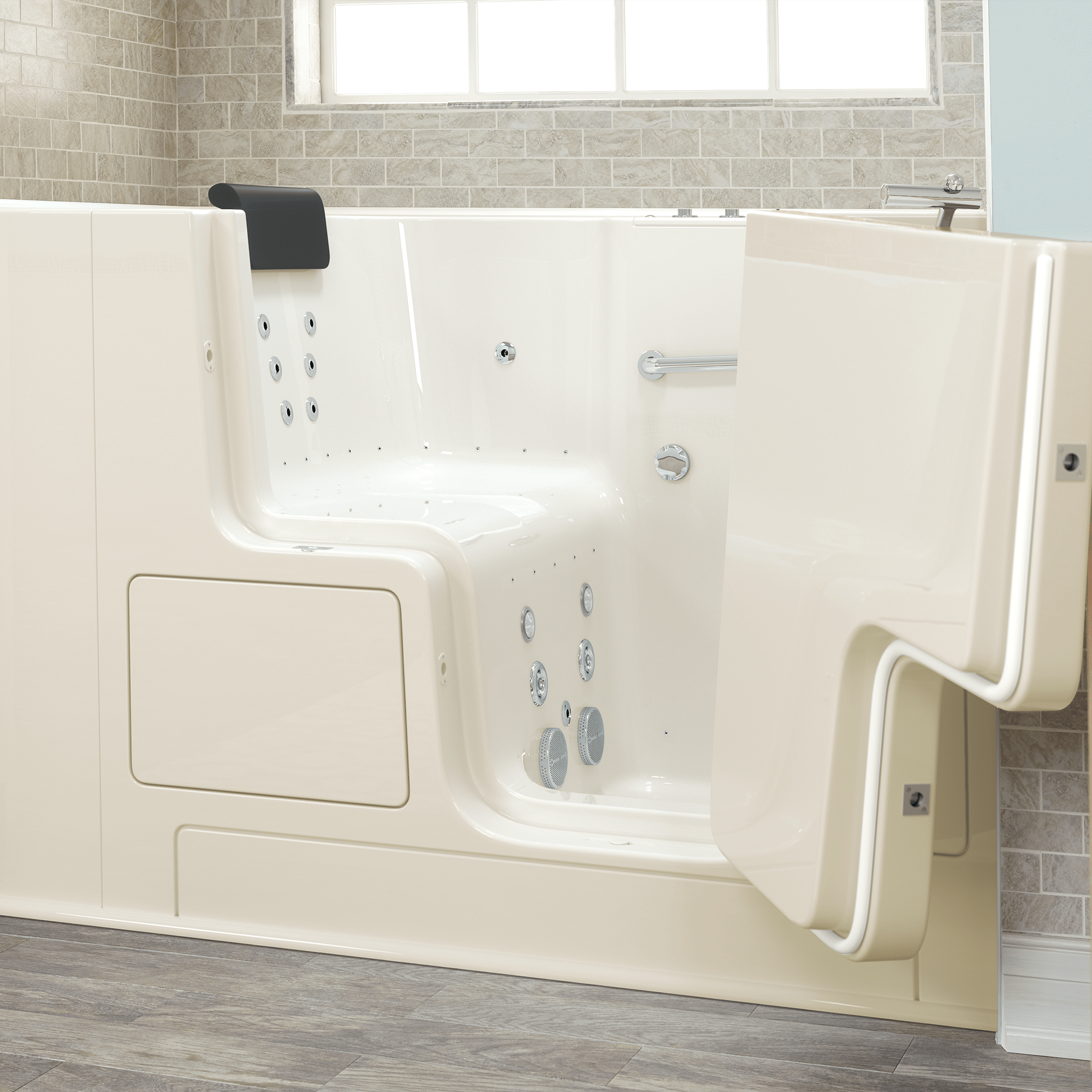 Gelcoat Premium Series 32 x 52  Inch Walk in Tub With Combination Air Spa and Whirlpool Systems   Right Hand Drain WIB LINEN